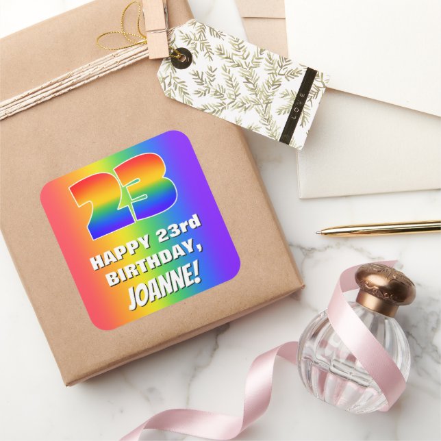 23rd Birthday: Colorful, Fun Rainbow Pattern # 23 Square Sticker (Gifting)