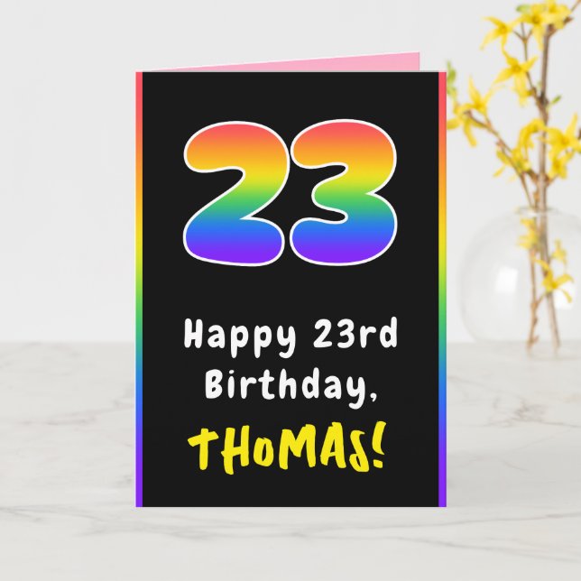 23rd Birthday: Colourful Rainbow # 23, Custom Name Card (Yellow Flower)