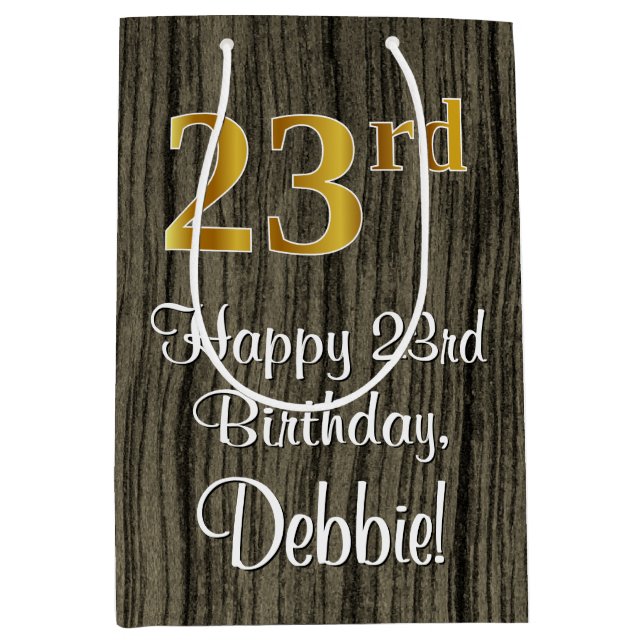 23rd Birthday: Elegant Faux Gold Look #, Faux Wood Medium Gift Bag (Front)