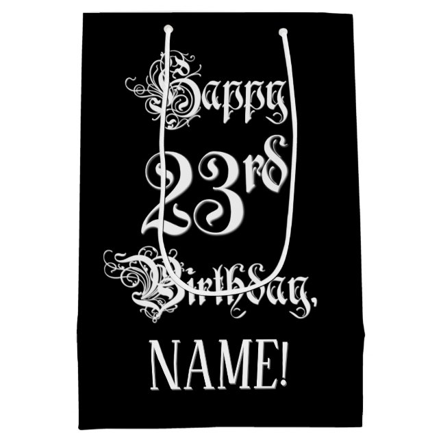 23rd Birthday: Fancy, Elegant Script + Custom Name Medium Gift Bag (Back)