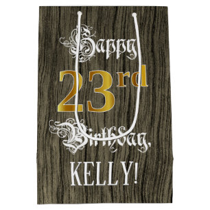 23rd Birthday: Faux Gold Look & Faux Wood Pattern Medium Gift Bag
