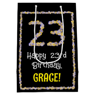 23rd Birthday: Floral Flowers Number, Custom Name Medium Gift Bag