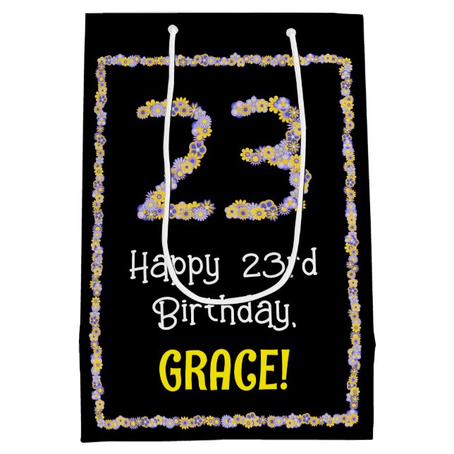 23rd Birthday: Floral Flowers Number, Custom Name Medium Gift Bag (Back)