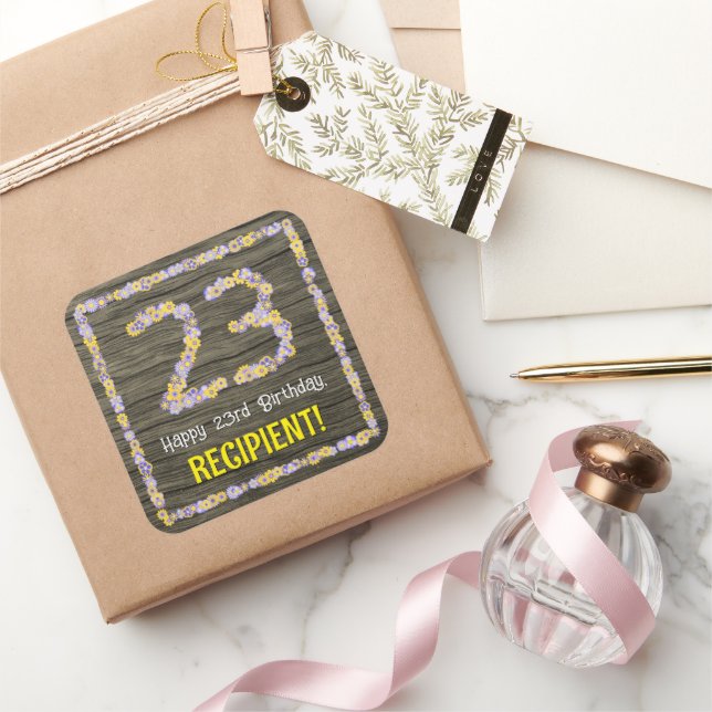 23rd Birthday: Floral Number, Faux Wood Look, Name Square Sticker (Gifting)