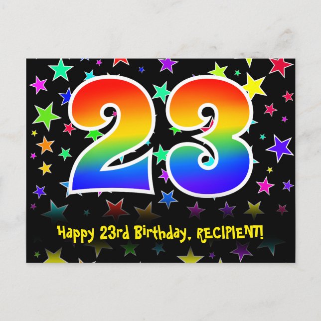 23rd Birthday: Fun Stars Pattern, Rainbow 23, Name Postcard (Front)