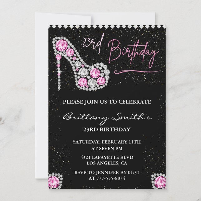 23rd birthday invitation Diamond Glam Pink Silver  (Front)