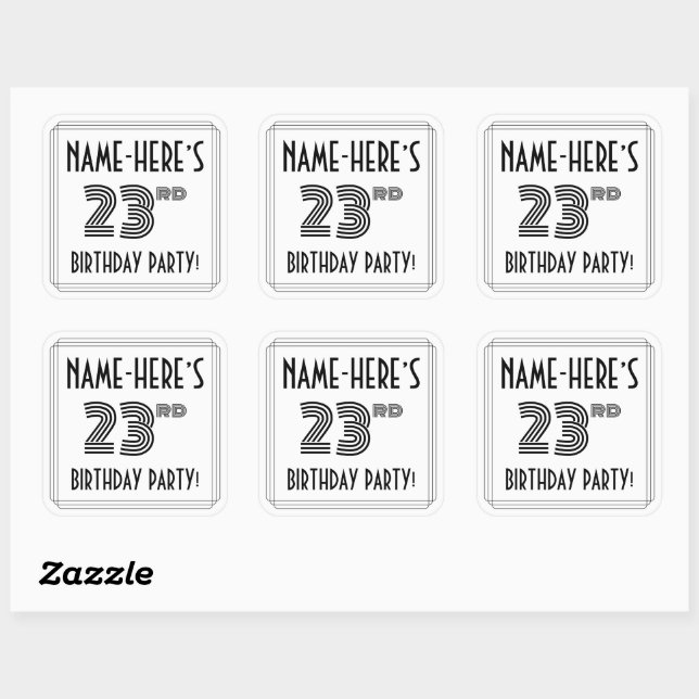 23rd Birthday Party: Art Deco Style + Custom Name Square Sticker (Sheet)