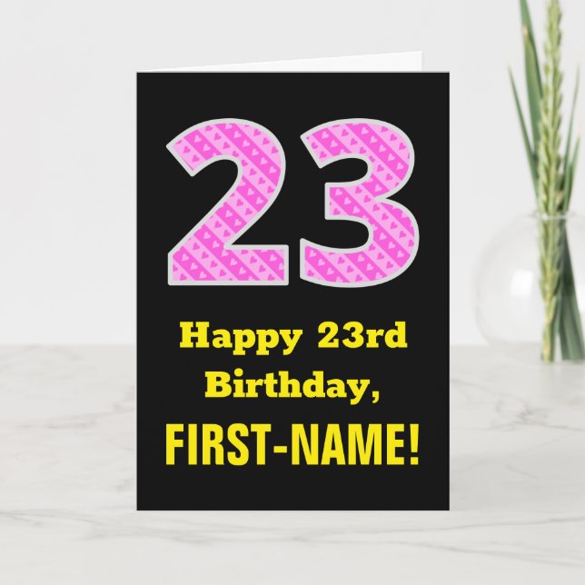 23rd Birthday: Pink Stripes and Hearts "23" + Name Card (Front)
