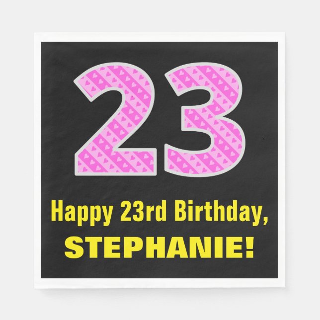 23rd Birthday: Pink Stripes and Hearts "23" + Name Napkin (Front)