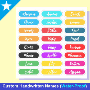 24 Handwritten Script Names, Waterproof Stickers
