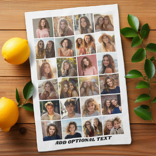 24 Photo Collage - Custom Text - Black and White Tea Towel