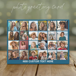 24 Photo Collage with Custom Text - Blue Holiday Card