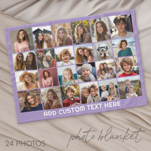 24 Photo Collage with Custom Text - purple Fleece Blanket