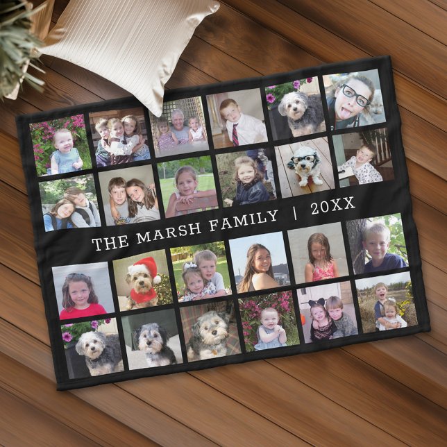 24 Photo Collage with Family Name Date - black Fleece Blanket (Personalized fleece blanket with 24 photos and custom text)
