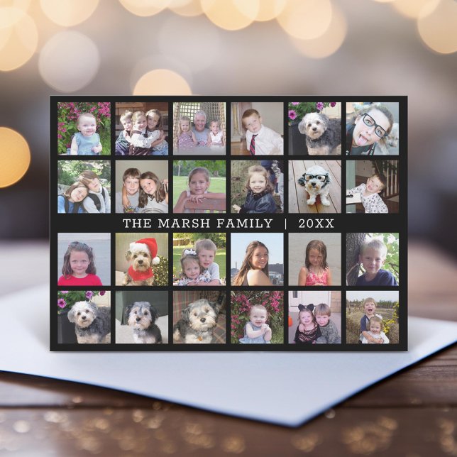 24 Photo Collage with Family Name Date - black Holiday Card (Unique Photo Card)