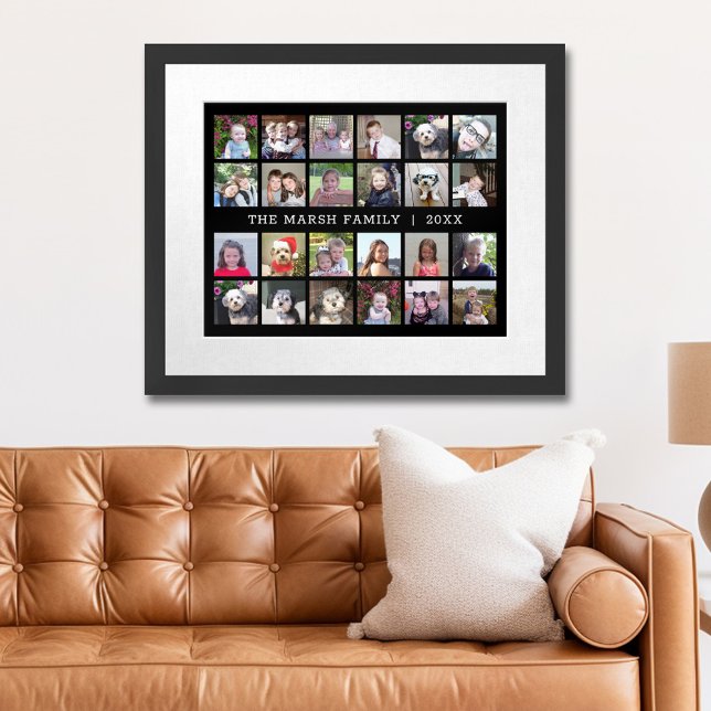 24 Photo Collage with Family Name Date - black Poster (Personalized Photo Poster)