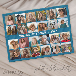 24 Photo Collage with Family Name Date - Fleece Blanket