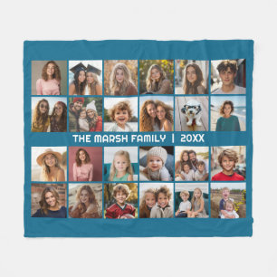 24 Photo Collage with Family Name Date -  Fleece Blanket