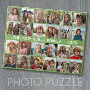 24 Photo Collage with Family Name Date Green Jigsaw Puzzle