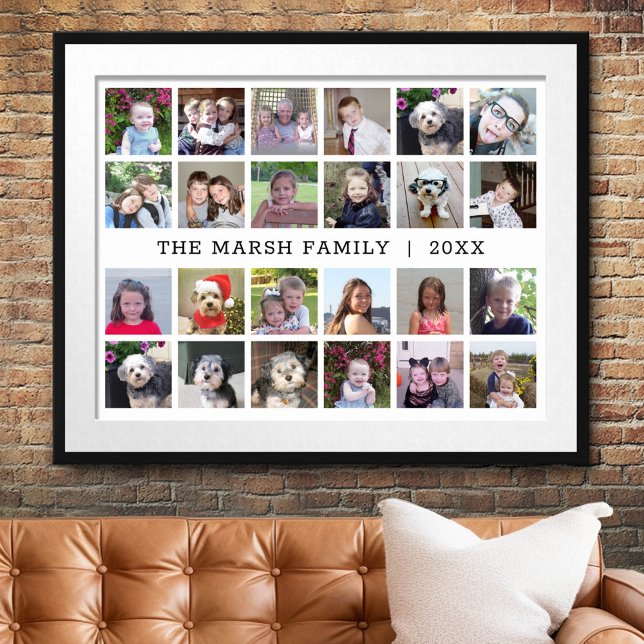 24 Photo Collage with Family Name Date - White Poster (Custom Photo Collage Poster)