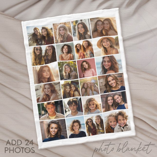 24 Photo Only - Collage Grid - White Fleece Blanket (Custom Fleece Blanket with Photo Collage for Family and Friends)