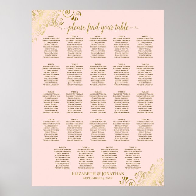 24 Table Blush Pink & Gold Wedding Seating Chart (Front)