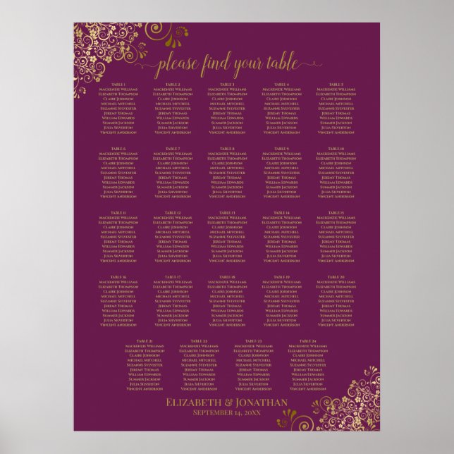 24 Table Cassis Purple Gold Wedding Seating Chart (Front)