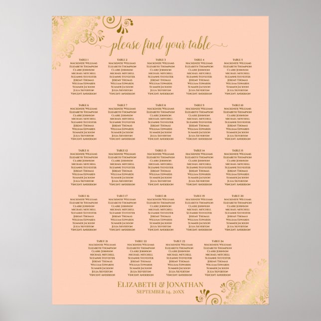 24 Table Coral Peach & Gold Wedding Seating Chart (Front)