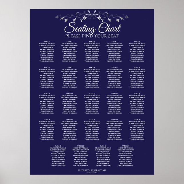 24 Table Elegant Navy Blue Wedding Seating Chart (Front)