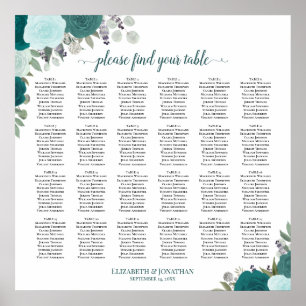 24 Table Elegant Teal Roses Wedding Seating Chart