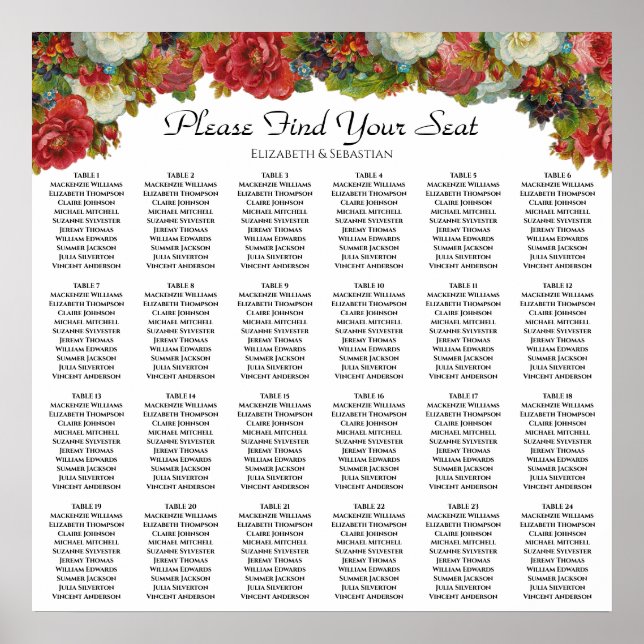 24 table Fall Flowers Wedding Seating Chart (Front)