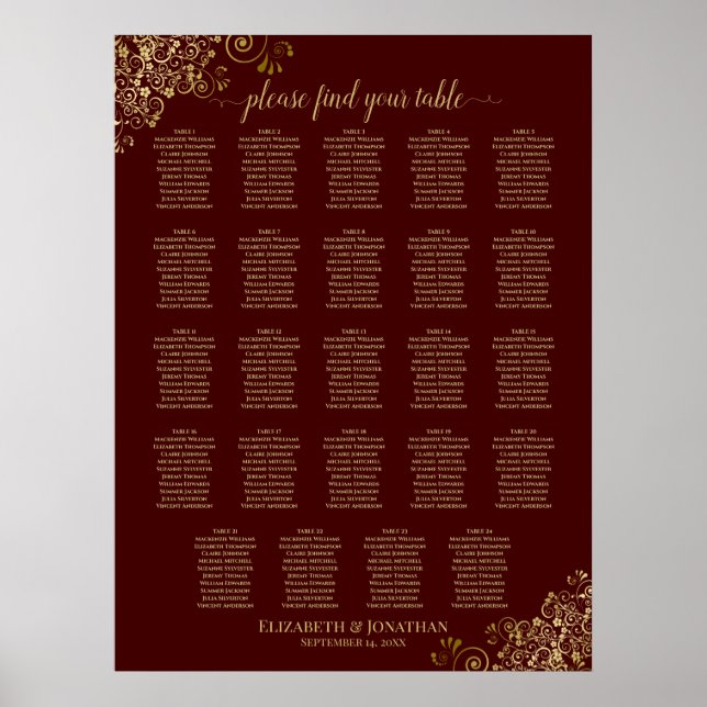 24 Table Gold & Auburn Brown Wedding Seating Chart (Front)