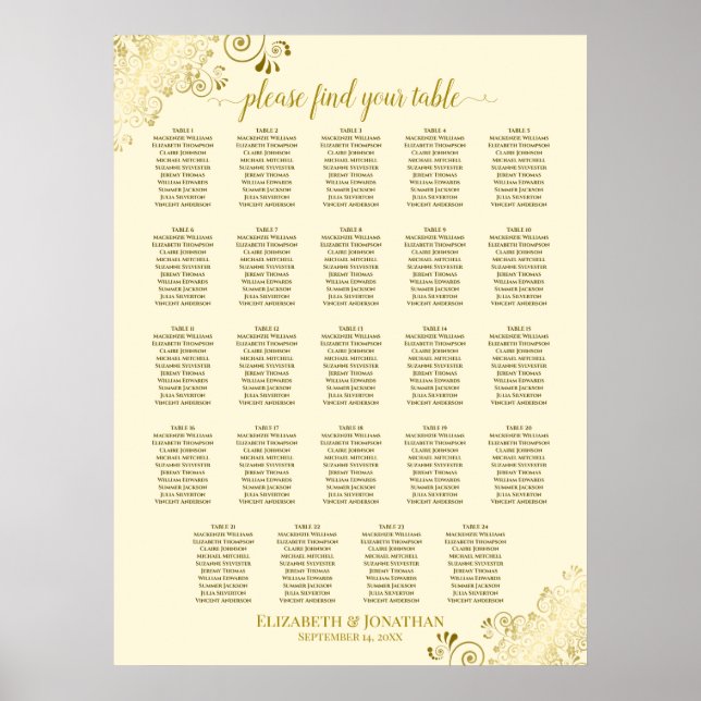 24 Table Gold & Cream Chic Wedding Seating Chart (Front)