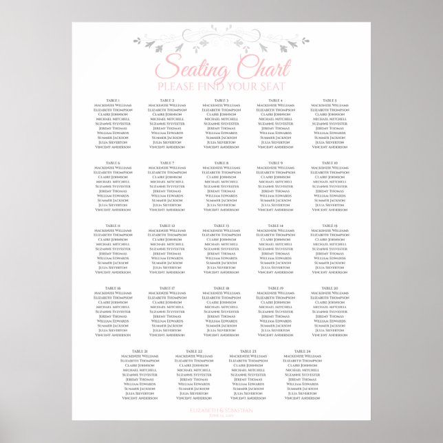24 Table Pink & Grey Wedding Seating Chart (Front)