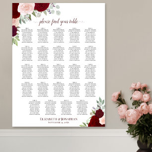 24 Table Red & Pink Floral Wedding Seating Chart