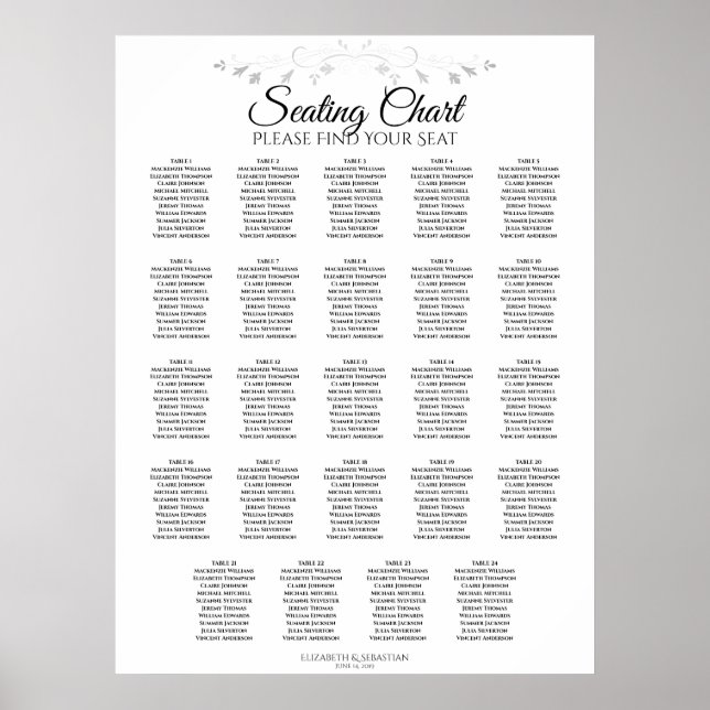 24 Table Silver Flourish Wedding Seating Chart (Front)