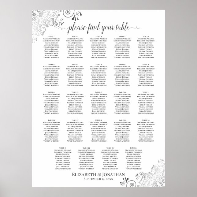 24 Table Silver & White Chic Wedding Seating Chart (Front)