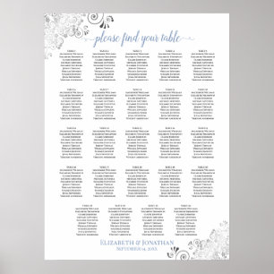 24 Table White & Blue Chic Wedding Seating Chart