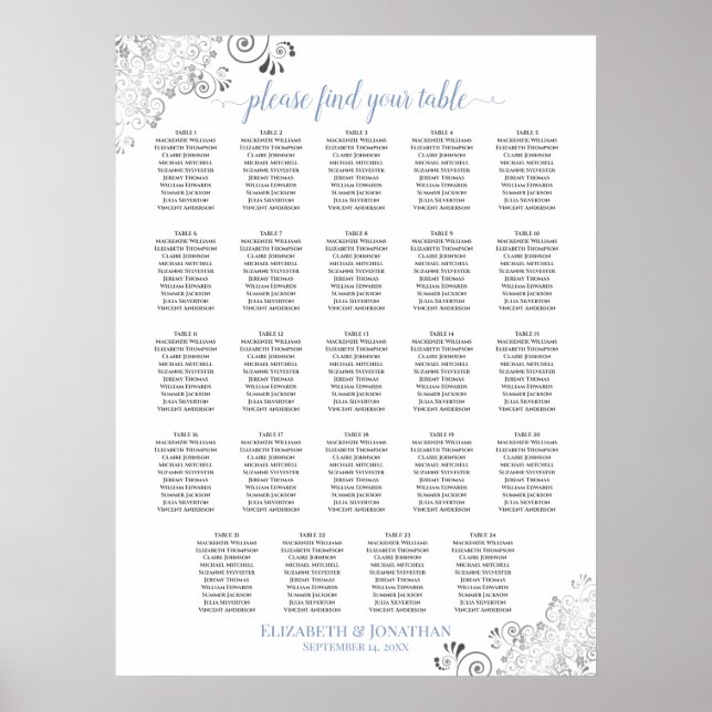 24 Table White & Blue Chic Wedding Seating Chart (Front)