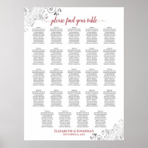 24 Table White & Red Chic Wedding Seating Chart