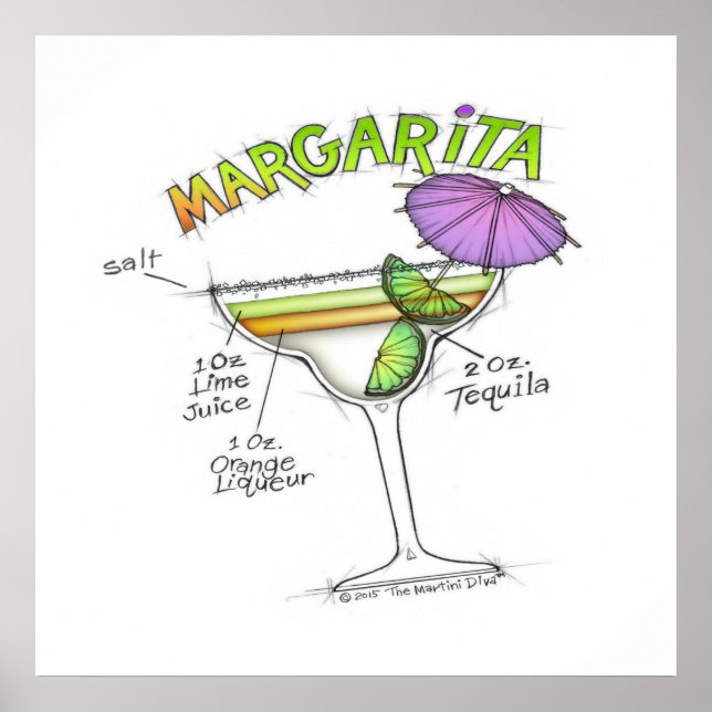 24" X 24" POSTER - MARGARITA RECIPE COCKTAIL ART (Front)
