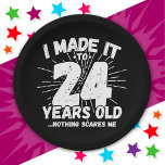 24 Year Old Sarcastic Meme Funny 24th Birthday Paper Plate<br><div class="desc">This funny 24th birthday design makes a great sarcastic humour joke or novelty gag gift for a 24 year old birthday theme or surprise 24th birthday party! Features 'I Made it to 24 Years Old... Nothing Scares Me' funny 24th birthday meme that will get lots of laughs from family, friends,...</div>