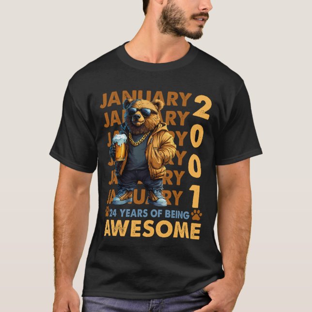 24 Years Old Awesome Cool Bear Since January 2001 T-Shirt (Front)