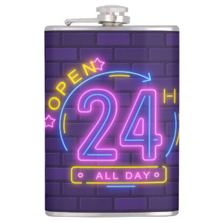 24Hr Open Neon Sign Templet  Hip Flask