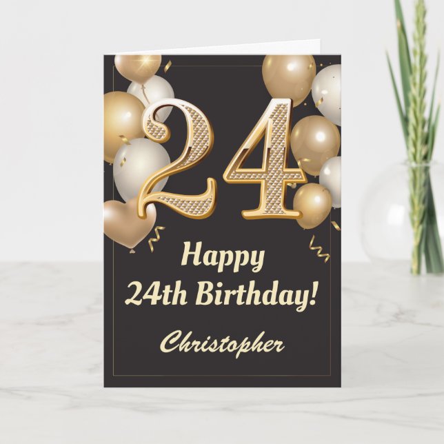 24th Birthday Black and Gold Balloons Confetti Card (Front)