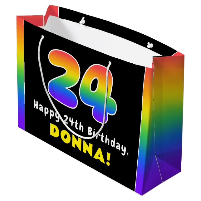 24th Birthday: Colorful Rainbow # 24, Custom Name Large Gift Bag (Back Angled)