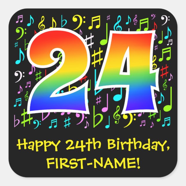 24th Birthday: Colourful Music Symbols, Rainbow 24 Square Sticker (Front)