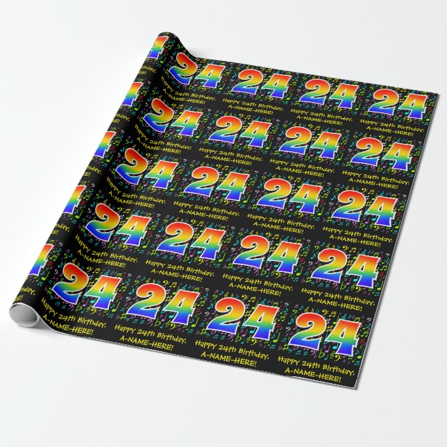 24th Birthday: Colourful Music Symbols, Rainbow 24 Wrapping Paper (Unrolled)