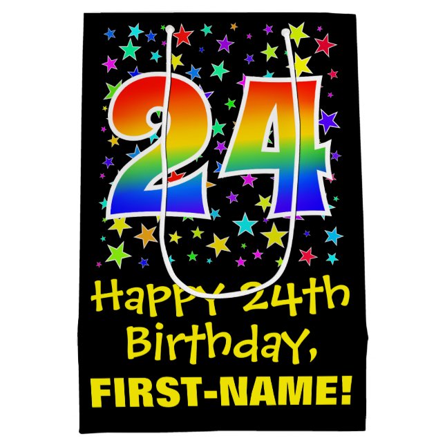 24th Birthday: Colourful Stars Pattern & Rainbow 2 Medium Gift Bag (Back)