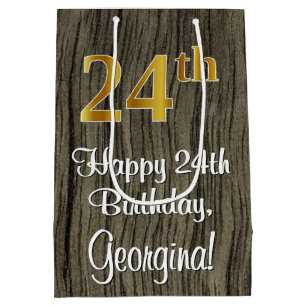 24th Birthday: Elegant Faux Gold Look #, Faux Wood Medium Gift Bag